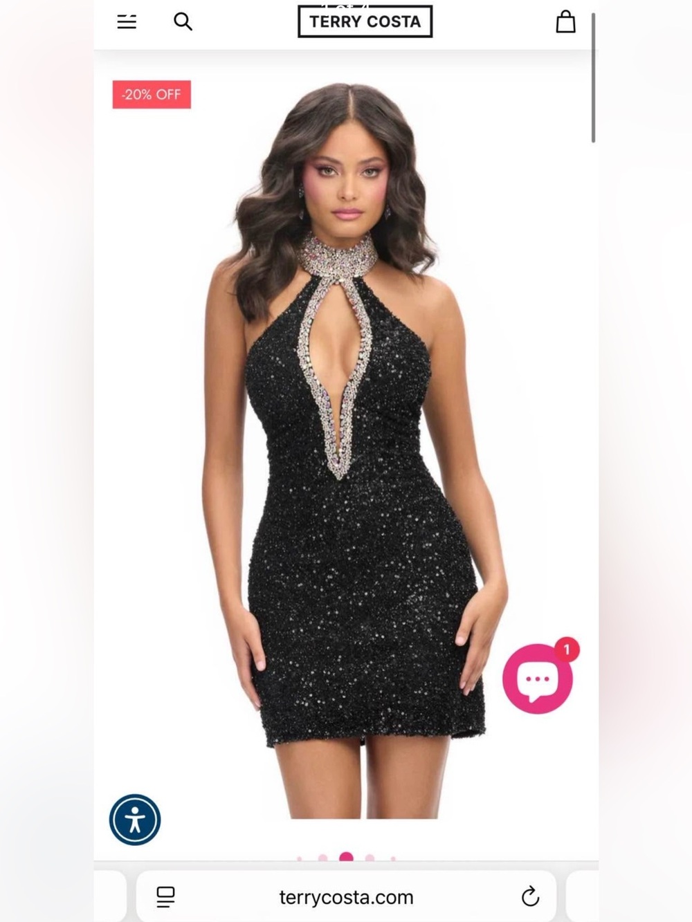 Ashley Lauren Black Sequin Halter Mini Dress with Crystal Trim
